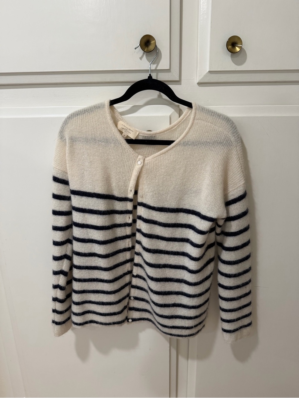 Sezane Cream and Navy Striped Button Cardigan